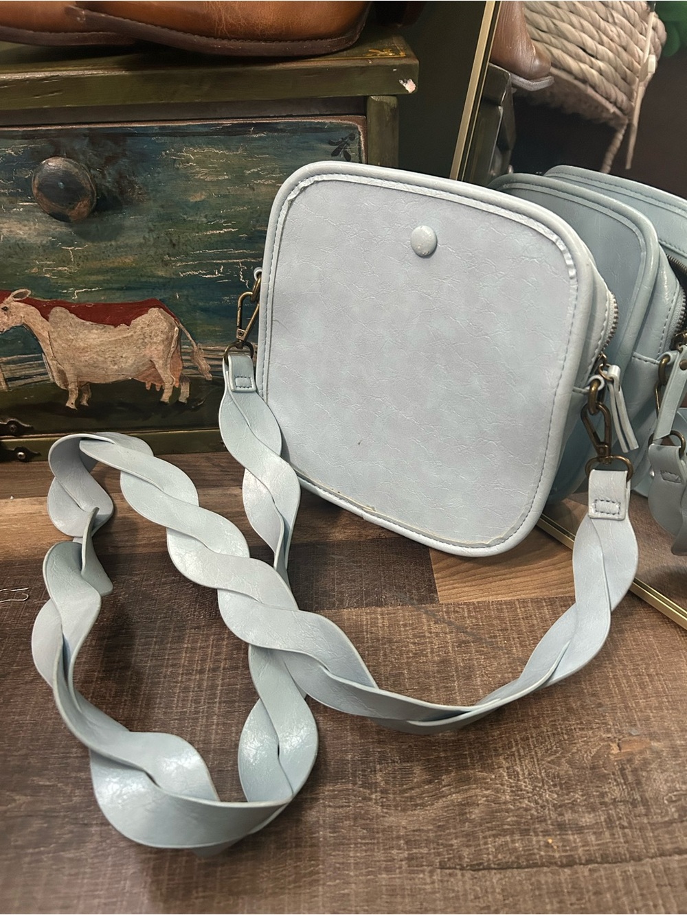 Light Blue Braided Strap Square Crossbody Bag
